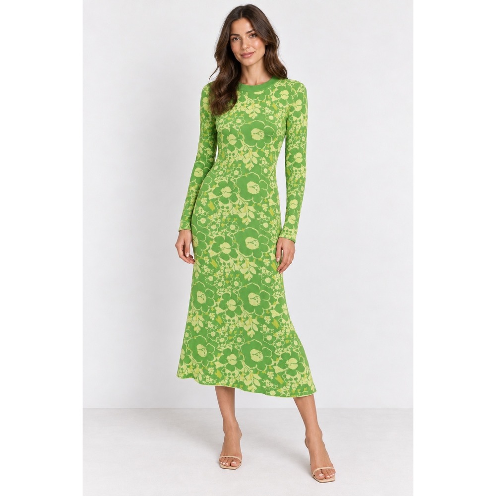 Zara Green Yellow Floral Jacquard Knit Maxi Dress Size S